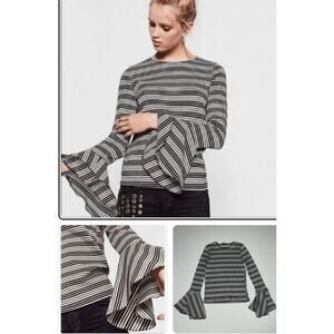 Zara Black & White Striped Bell Sleeve Top Flared Cuff Statement Blouse sz: S